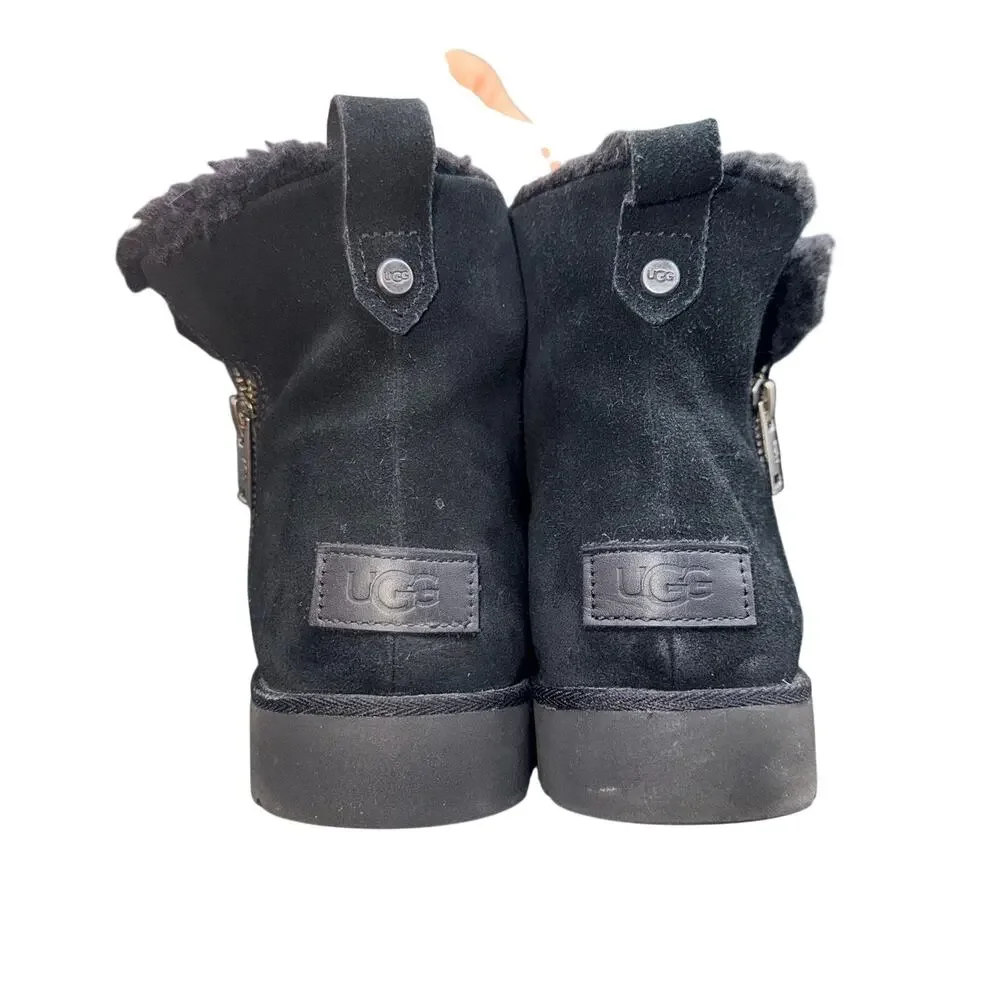 UGG Lorna Mini Zip Boots Black Suede Shearling Womens 8.5 Waterproof